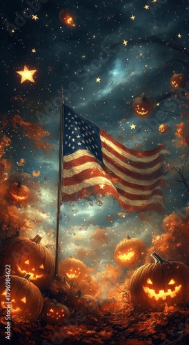 American Flag Waving With Pumpkins and Halloween Themes Under a Cloudy Night Sky