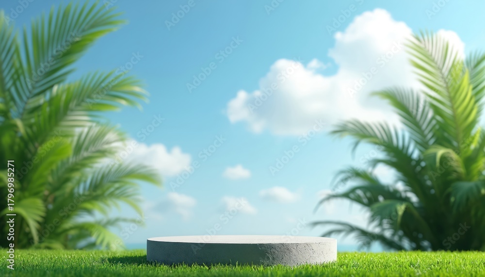 Fototapeta premium Concrete podium stands on green grass. Blurred tropical plants and blue sky create a natural background. Simple scene for product presentation or eco advert.