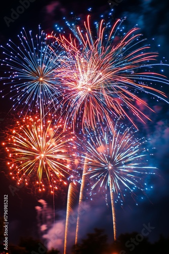 Colorful Fireworks Display Lighting up Night Sky During Summer Celebration in...