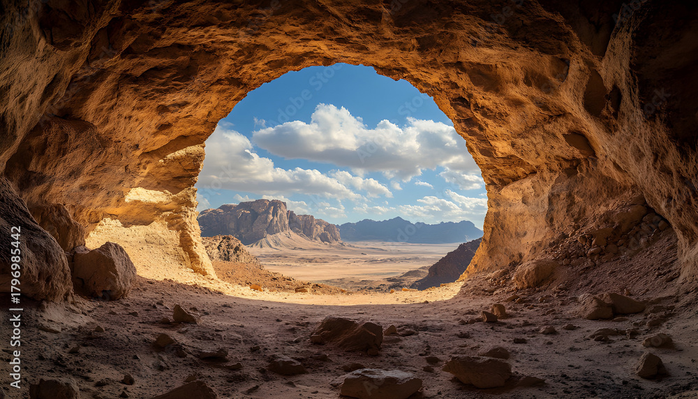 Obraz premium View from inside rough circular tunnel opening looking out to vast desert