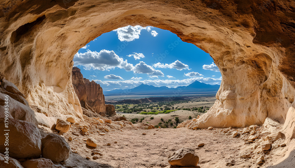 Obraz premium View from inside rough circular tunnel opening looking out to vast desert