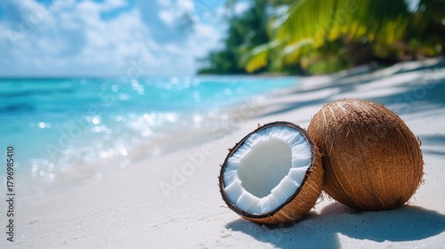 Coconuts Resting on Sandy Beach With Ocean Waves and Palm Trees Under Bright Sky
