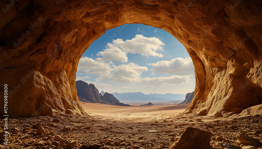 Obraz premium View from inside rough circular tunnel opening looking out to vast desert