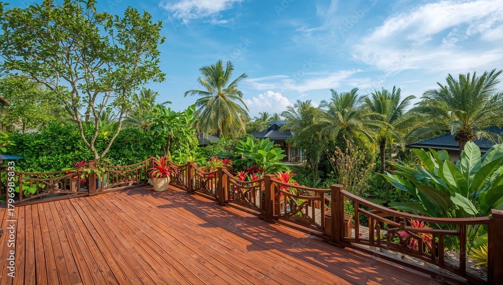 Naklejka premium Top view of wooden terrace featuring a vibrant tropical garden, ideal for relaxation and outdoor living