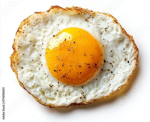 Perfectly Fried Egg With a Bright Yolk and Crispy Edges on a White Background