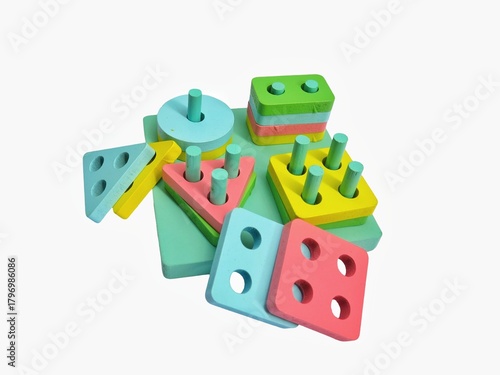 Colorful Wooden Geometric Shape Sorting Toy for Early Learning, Preschool Education, Fine Motor Skills, Cognitive Development, and Kids Montessori Activity Isolated on White Background
