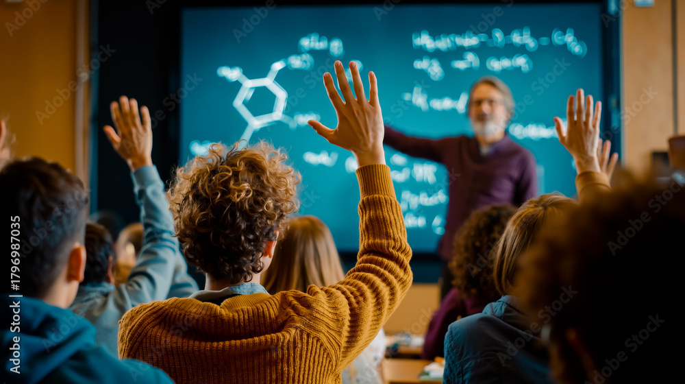 Naklejka premium Classroom education teacher students learning hands up question interactive teaching chalkboard science chemistry molecular structure molecule class lecture engagement