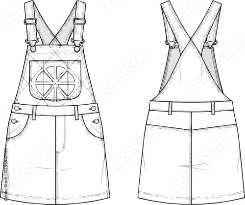 Technical fashion sketch of denim overall dress with front pockets, quilted bib detail, sleeveless design, fashion illustration