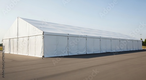 Large white event tent on a paved surface.