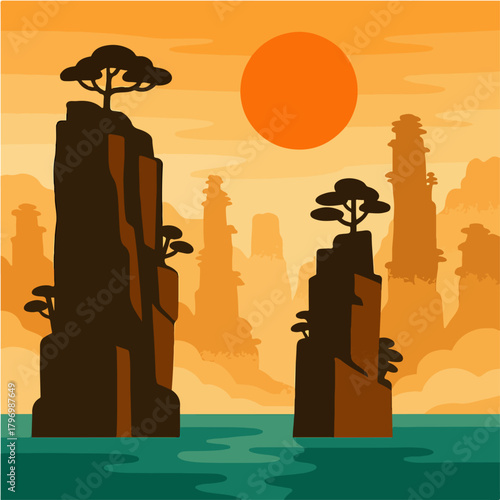 Coastal Sea Stacks With Lone Trees At Sunrise Minimal Landscape