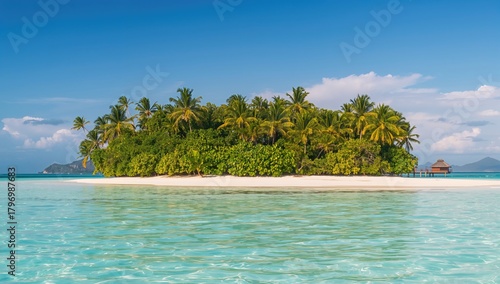 Fototapeta Naklejka Na Ścianę i Meble -  A beach surrounded by palm trees and white sand, ideal for relaxation and luxury travel