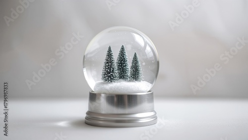 Christmas snow globe featuring snow-laden pine trees, shallow depth of field enhances focus, ideal for text background