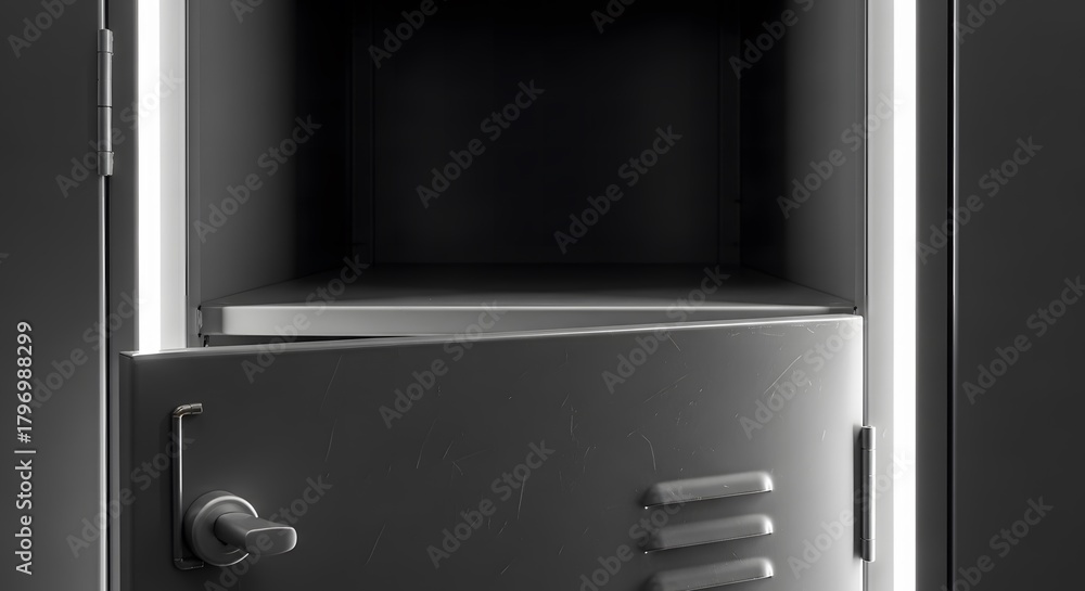 Fototapeta premium Back to school, Opened Metal Locker in Minimalist Style with Light Strips, Stora