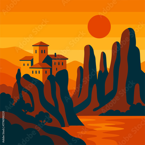 Clifftop Monastery Above Spire Rocks And Orange Lake Sunset