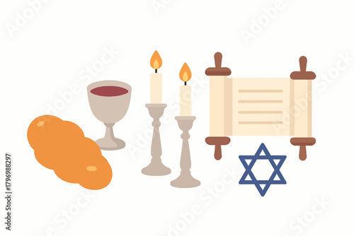 Shabbat Celebration Elements: Challah Bread, Wine Glass, Candles, Torah Scroll, and Star of David, Colorful Flat Design for Jewish Sabbath and Holiday Graphics
