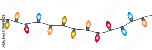 A string of colorful christmas lights with red blue yellow and orange bulbs isolated on transparent background