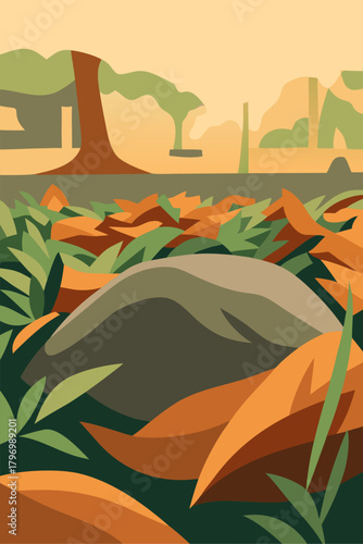 Forest Landscape - Peaceful Woodland Scene with Rocks, Leaves, and Warm Natural Ground Elements