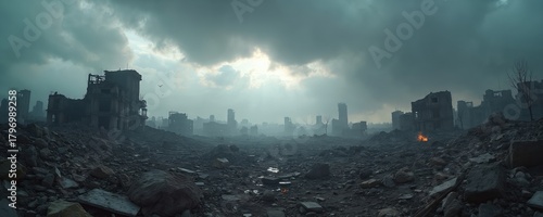 Ruined city landscape with collapsed buildings under gloomy sky. Rubble, debris cover ground everywhere. Small fire burns in distance. Shows war zone devastation aftermath post apocalypse scene.