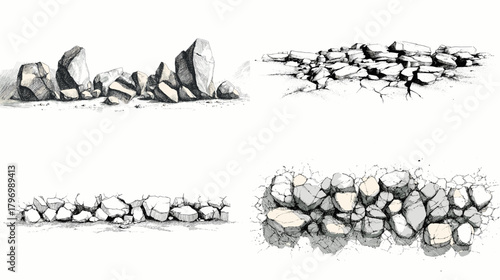 Hand-drawn rock rubble and cracked ground dividers in ink, useful as landscape separators, UI assets, fantasy map borders, and construction-themed graphics.
