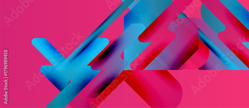 Abstract shapes overlap, creating dynamic composition. Vivid pink background contrasts with blue, red elements. Modern design, sleek aesthetic.