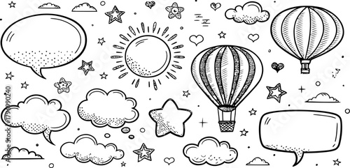 Dreamy hand-drawn vector art compilation with playful speech bubbles, a cheerful sun, fluffy clouds, soaring hot air balloons, and twinkling stars, evoking imagination and joy