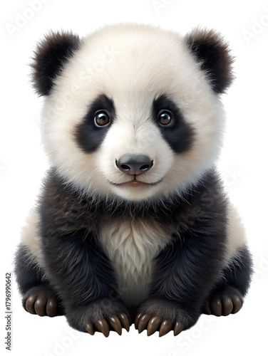 Adorable baby panda sitting and looking forward, isolated on transparent background