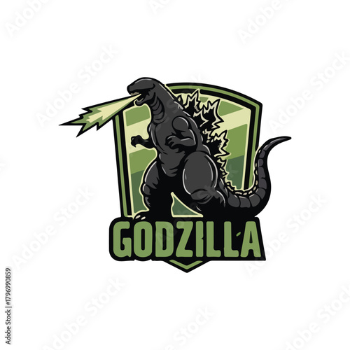 Godzilla roars and breathes green fire in front of a shield with a camouflage pattern, the name "Godzilla" below.