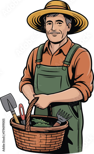 Cartoon farmer holding basket of tools vector illustration