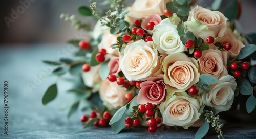 Beautiful Floral Bouquet With Roses and Berries in Soft Colors Arranged for a...