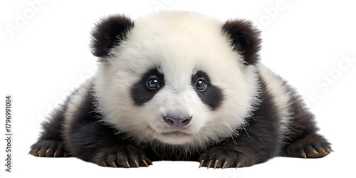 A cute baby panda lying down on a transparent background, looking directly at the camera with its distinctive black and white markings and fluffy fur, isolated on transparent background