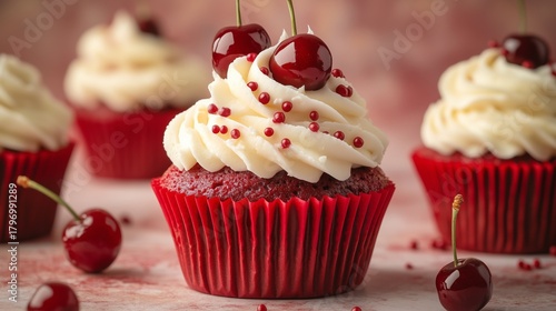 Red Velvet Cupcakes Topped With Cream Frosting and Cherries at a Dessert Table