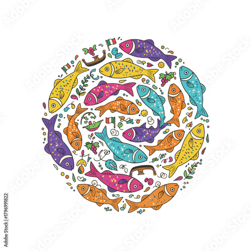 Colorful illustration of various fish swimming in a circular formation, interspersed with Italian flags, gondolas, and sprigs of greenery.