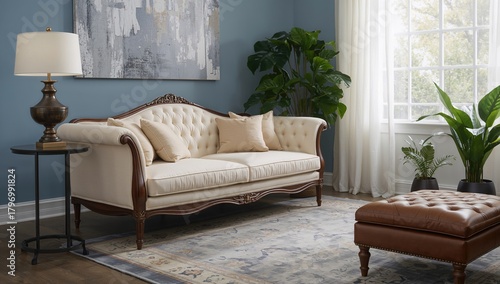Elegant sofa, vintage lamp and footstool in chic setting, enhancing comfort in home decor