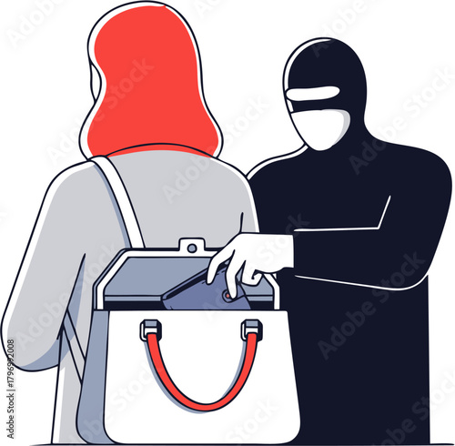 Robbery in public Burglar stealing a cell phone from a woman's handbag in the street
