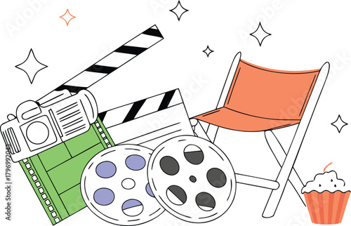 Movie-Making Essentials Clapperboard, Camera, Film Reels, Director's Chair, and Cupcake – Capturing Cinematic Magic!