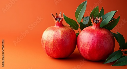 Bright Red Pomegranates With Green Leaves Against a Vibrant Orange Background
