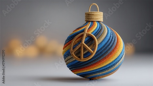 groovy christmas Decorative ornament with a peace symbol and colorful strands.