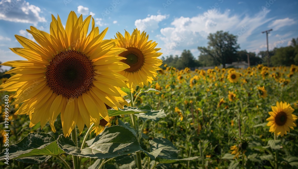 Fototapeta premium Close-up of blooming sunflowers in a garden, vibrant floral beauty, seasonal change