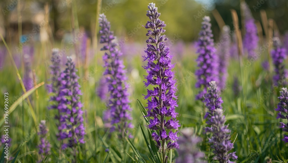 Obraz premium Close-up of Salvia nemorosa flowers in a sunny meadow, highlighting seasonal change