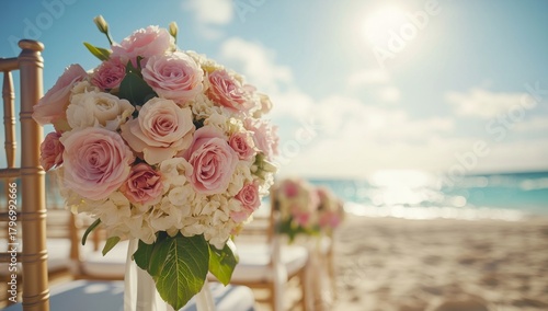 Beautiful Wedding Ceremony Setup With Floral Arrangements at the Beach Under ...