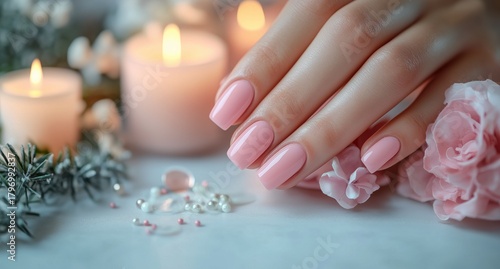 Elegant Pink Manicure With Candles and Flowers for a Serene Atmosphere at a B...