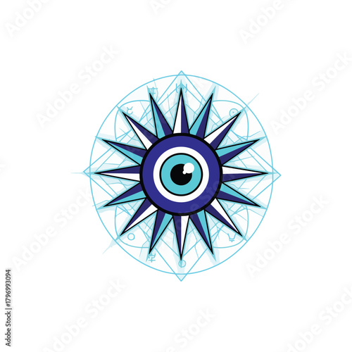 Stylized evil eye symbol with radiating starburst and geometric mandala pattern in blue and white on a white background.