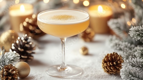 Festive Cocktail Surrounded by Candles and Holiday Decorations at a Winter Ce...