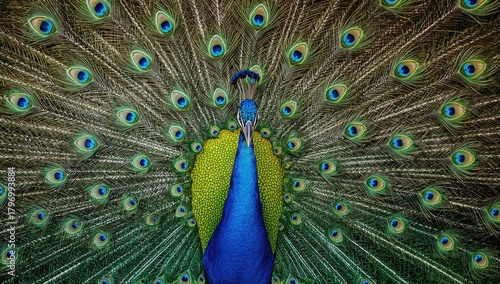 Green-toned peacock displaying its feathers, showcasing natural beauty and seasonal change