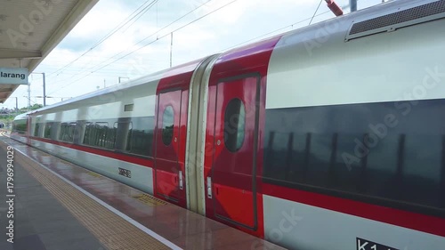 Whoosh High-Speed Train at Padalarang Station, ready to depart for Tegalluar. This modern rail link revolutionizes travel between Jakarta and Bandung, West Java.