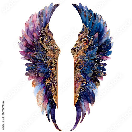 Ornate Wings with Gold Filigree and Watercolor Galaxy Design