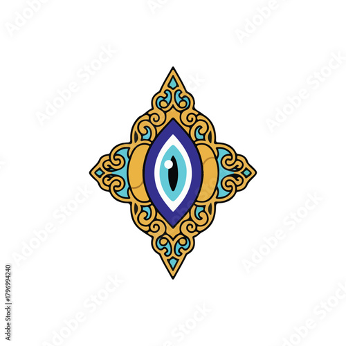 Stylized depiction of a Nazar amulet, featuring a blue and white eye motif surrounded by ornate gold and turquoise decorative elements.