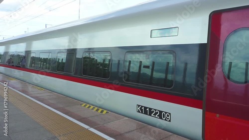 Whoosh High-Speed Train at Padalarang Station, ready to depart for Tegalluar. This modern rail link revolutionizes travel between Jakarta and Bandung, West Java.