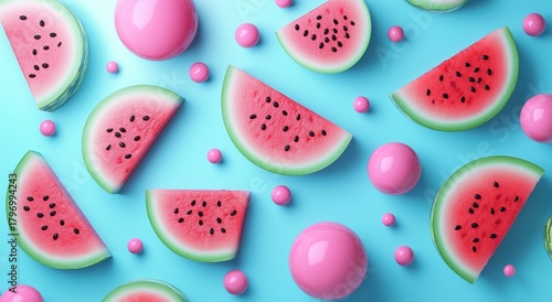 Vibrant Watermelon Slices and Colorful Spheres Arranged on a Blue Background