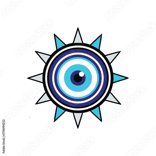 Stylized Evil Eye amulet with concentric blue and white circles, surrounded by pointed rays, on a white background.